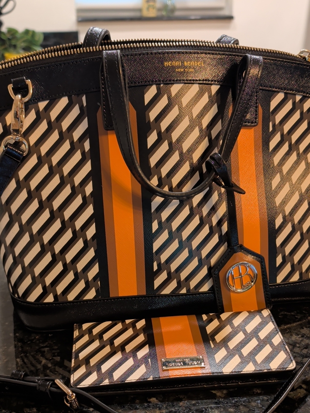 Henri Bendel Black, Orange & Cream Geometric Dome Satchel with Wallet